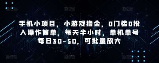 手机小项目，小游戏撸金，0门槛0投入操作简单，每天半小时，单机单号每日30-50，可批量放大