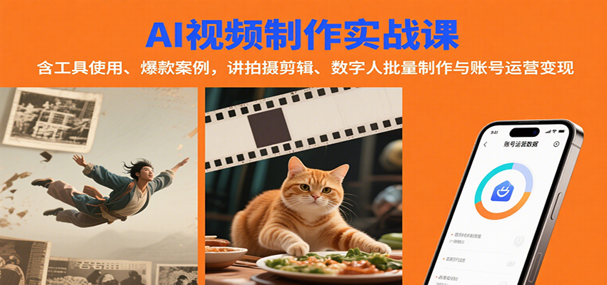 AI视频制作实战：含工具使用、爆款案例，讲拍摄剪辑、数字人批量制作与账号运营变现