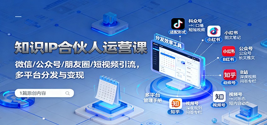 知识IP合伙人运营课：微信/公众号/朋友圈/短视频引流，多平台分发与变现